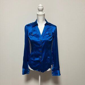 Cache Blue Silk Blouse With Gold Buttons, Size Small